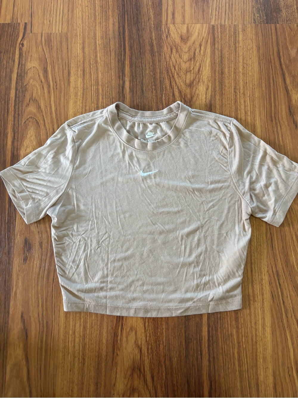 Nike Women's Cropped Crew Tee in Light Tan with White Swoosh
